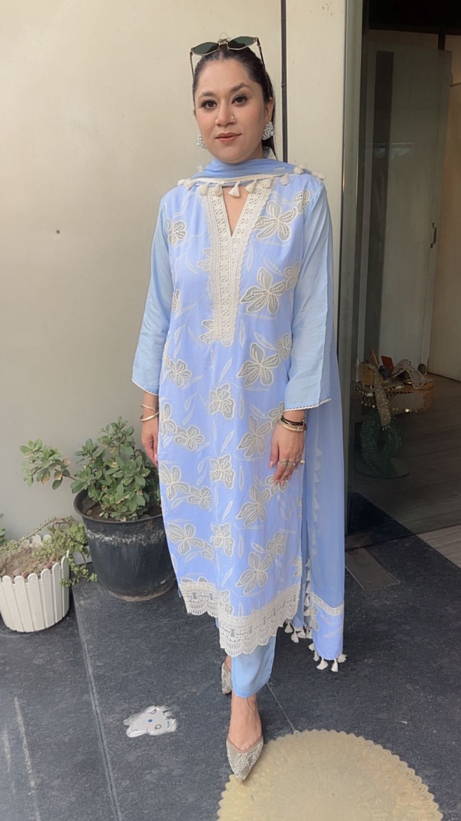 Khayaal Sky Blue Lace work Cotton Designer Suit