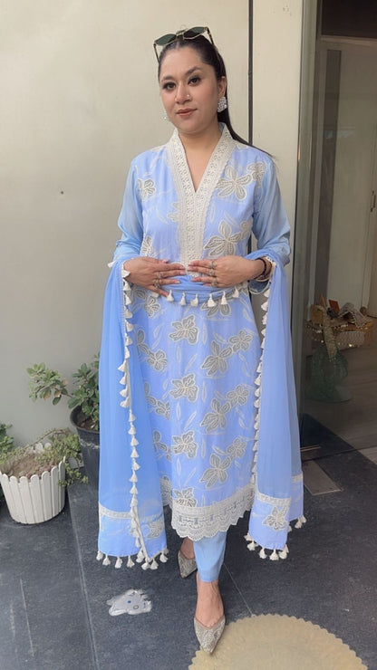 Khayaal Sky Blue Lace work Cotton Designer Suit