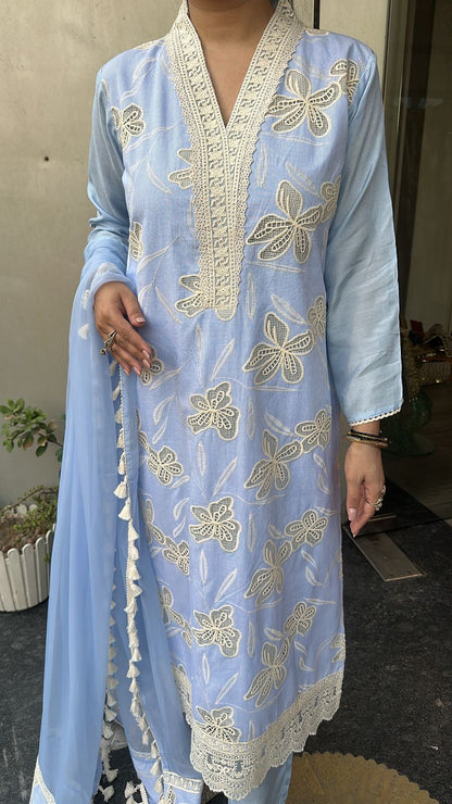 Khayaal Sky Blue Lace work Cotton Designer Suit