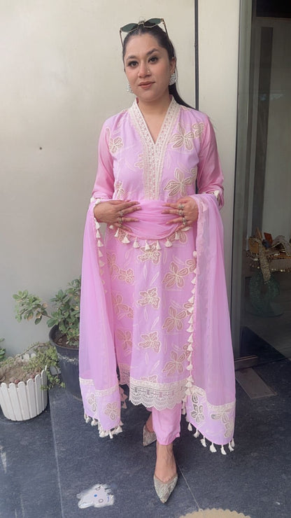 Khayaal Baby Pink Lace work Cotton Designer Suit
