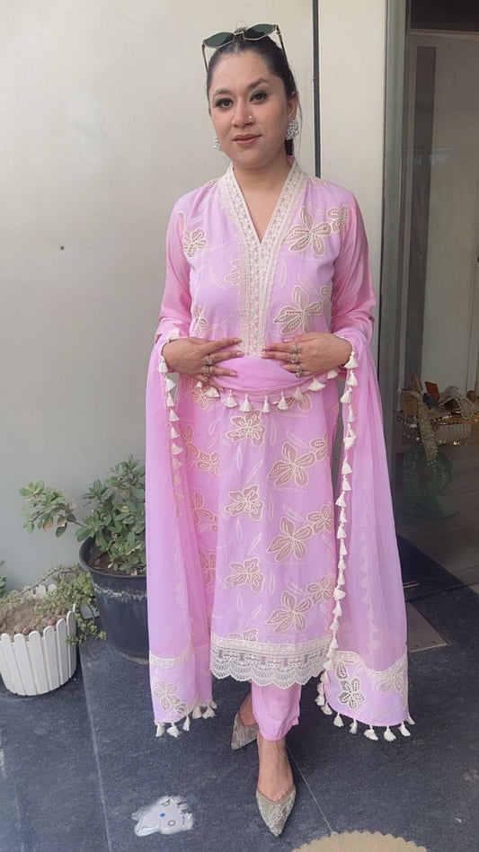 Khayaal Baby Pink Lace work Cotton Designer Suit