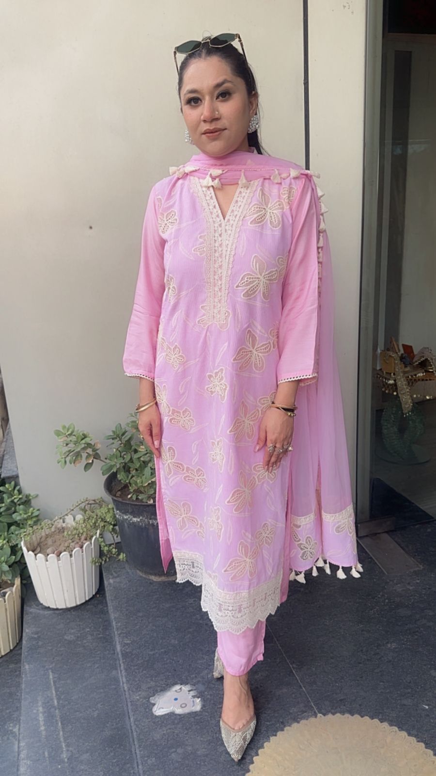 Khayaal Baby Pink Lace work Cotton Designer Suit