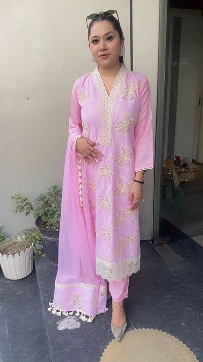 Khayaal Baby Pink Lace work Cotton Designer Suit
