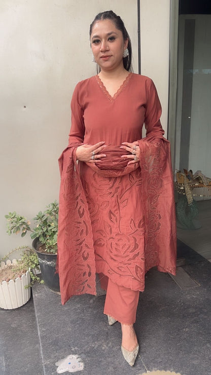 Tavas Coffee Brown Applique Designer Suit