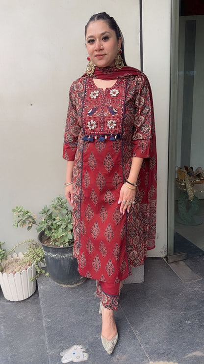 Shank Mahroon Digital Cotton Designer Suit