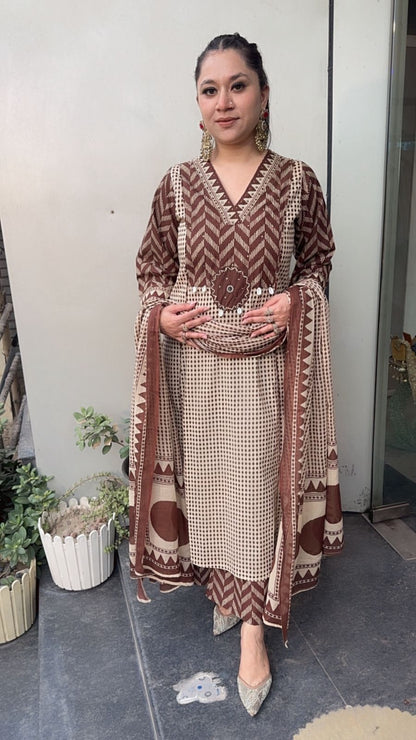 Bannhi Brown Digital Cotton Designer Suit