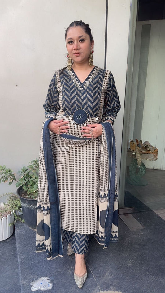 Bannhi Navy Blue Digital Cotton Designer Suit