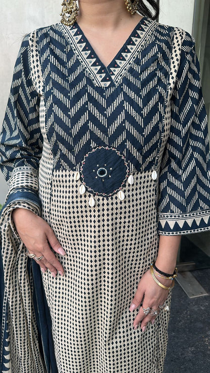 Bannhi Navy Blue Digital Cotton Designer Suit