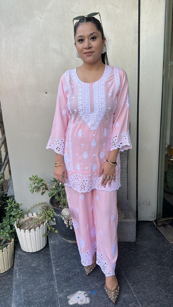 Nawab pink Thread work Chikankari  Cordset