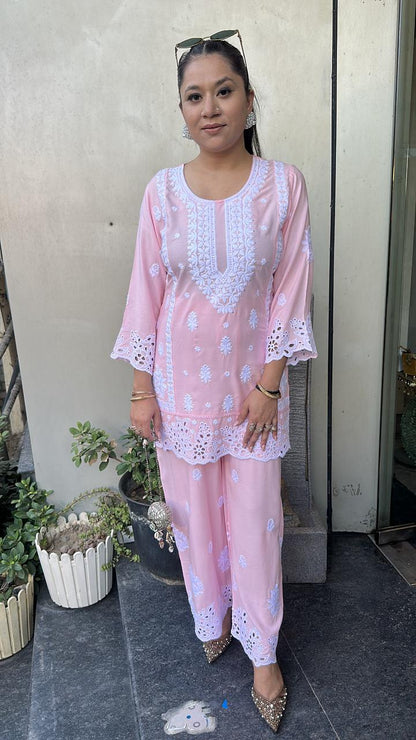 Nawab pink Thread work Chikankari  Cordset