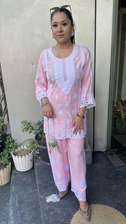 Nawab pink Thread work Chikankari  Cordset