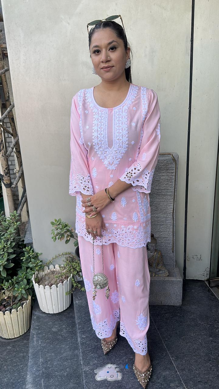 Nawab pink Thread work Chikankari  Cordset
