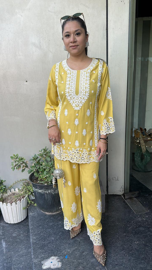 Nawab Yellow Thread work Chikankari  Cordset