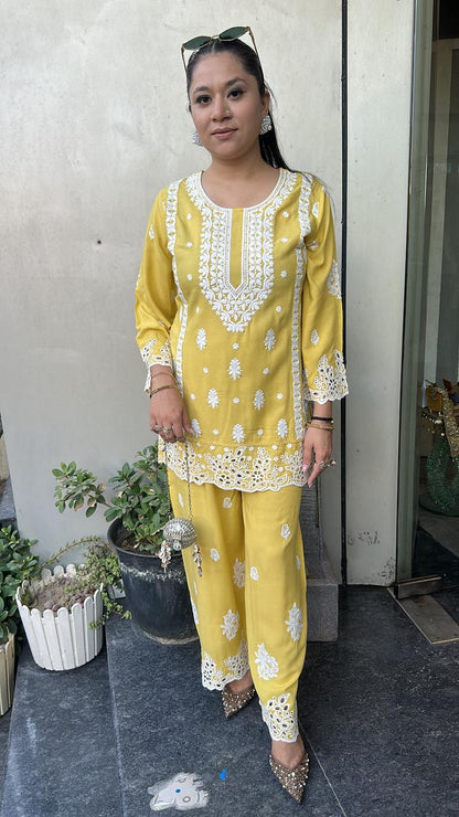 Nawab Yellow Thread work Chikankari  Cordset