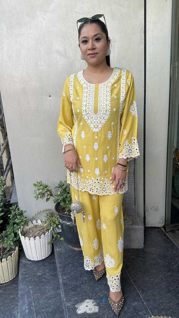 Nawab Yellow Thread work Chikankari  Cordset