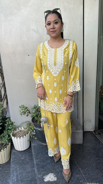 Nawab Yellow Thread work Chikankari  Cordset