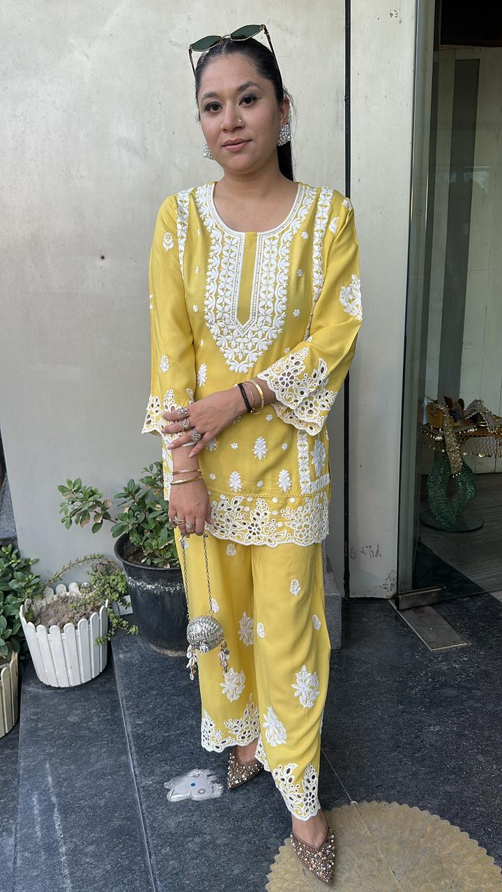 Nawab Yellow Thread work Chikankari  Cordset
