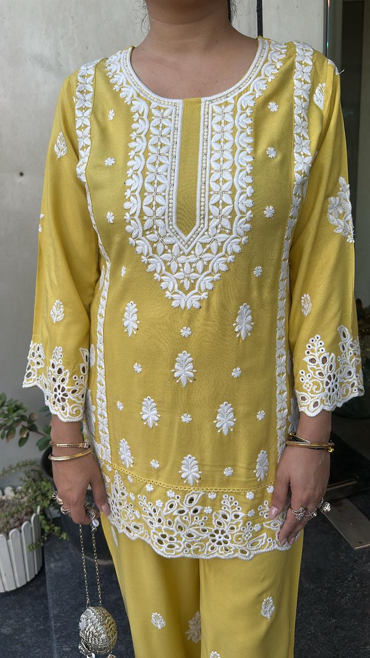 Nawab Yellow Thread work Chikankari  Cordset