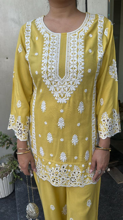 Nawab Yellow Thread work Chikankari  Cordset