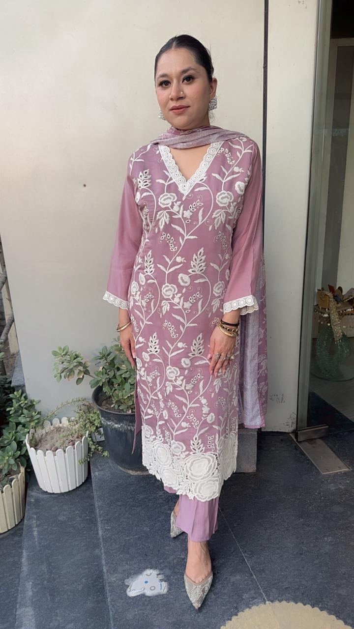 Lacy lavander Thread work Cotton Designer Suit