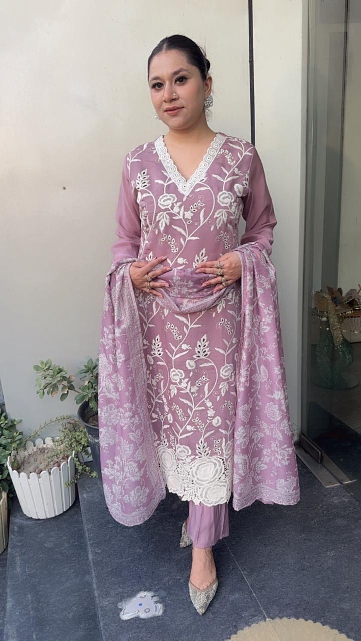 Lacy lavander Thread work Cotton Designer Suit