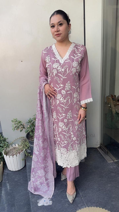 Lacy lavander Thread work Cotton Designer Suit