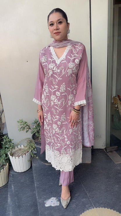 Lacy lavander Thread work Cotton Designer Suit