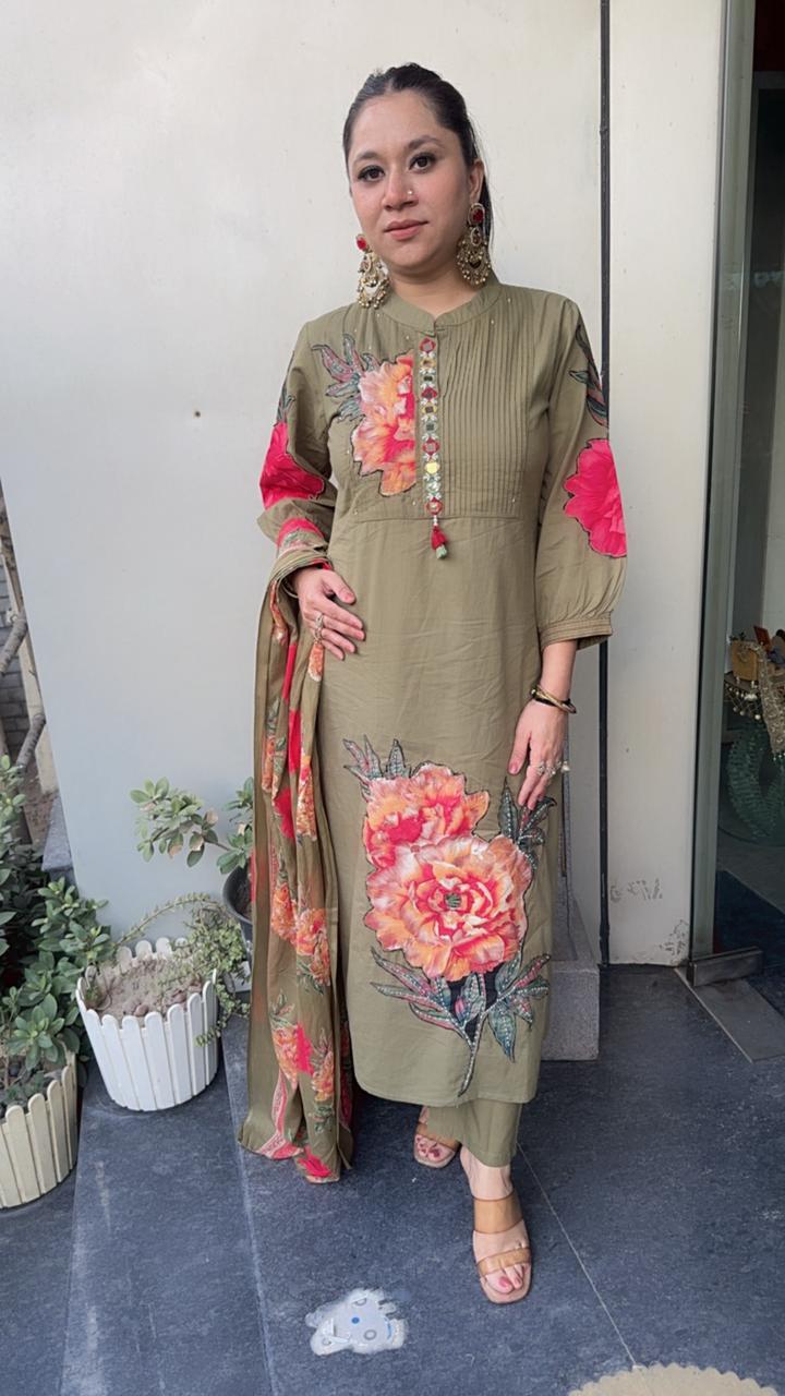 Rose Red Olive Green Cotton Designer Suit