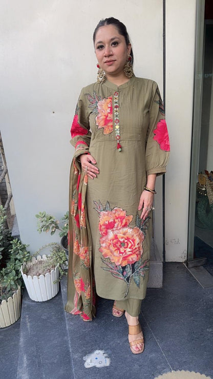 Rose Red Olive Green Cotton Designer Suit