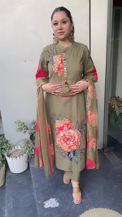 Rose Red Olive Green Cotton Designer Suit