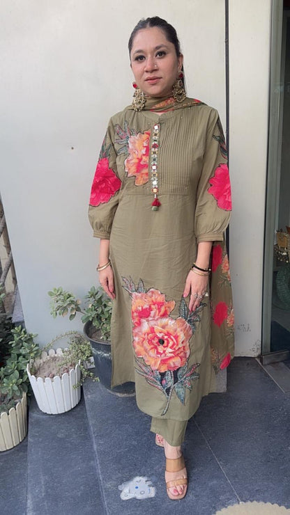 Rose Red Olive Green Cotton Designer Suit
