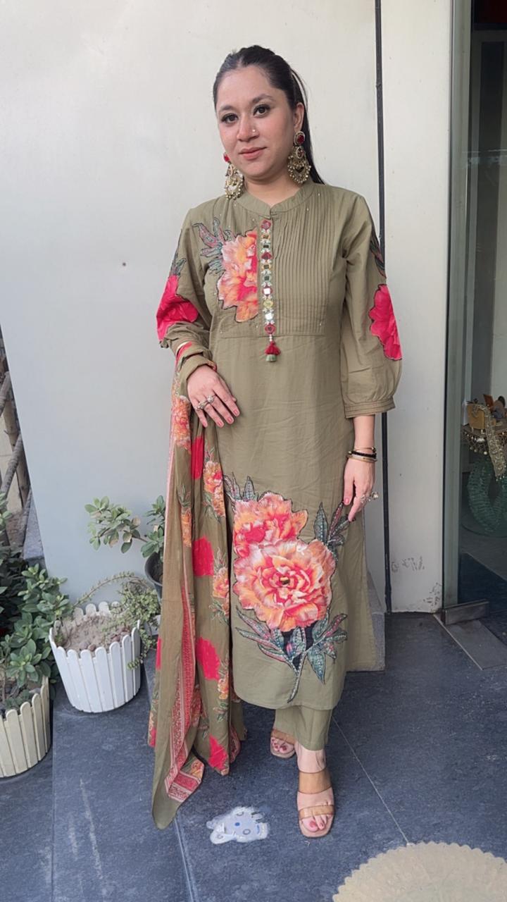 Rose Red Olive Green Cotton Designer Suit