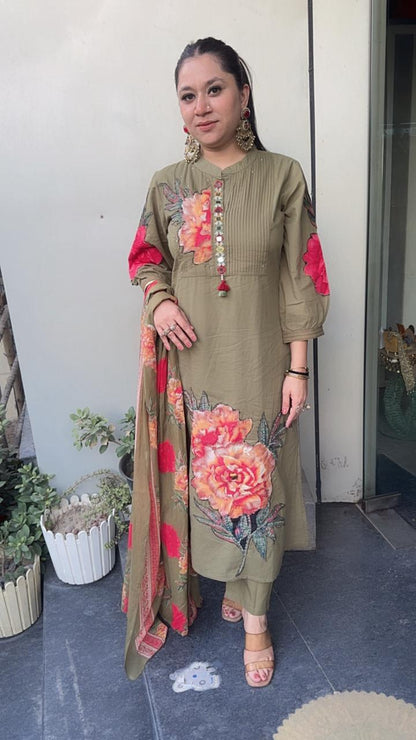 Rose Red Olive Green Cotton Designer Suit