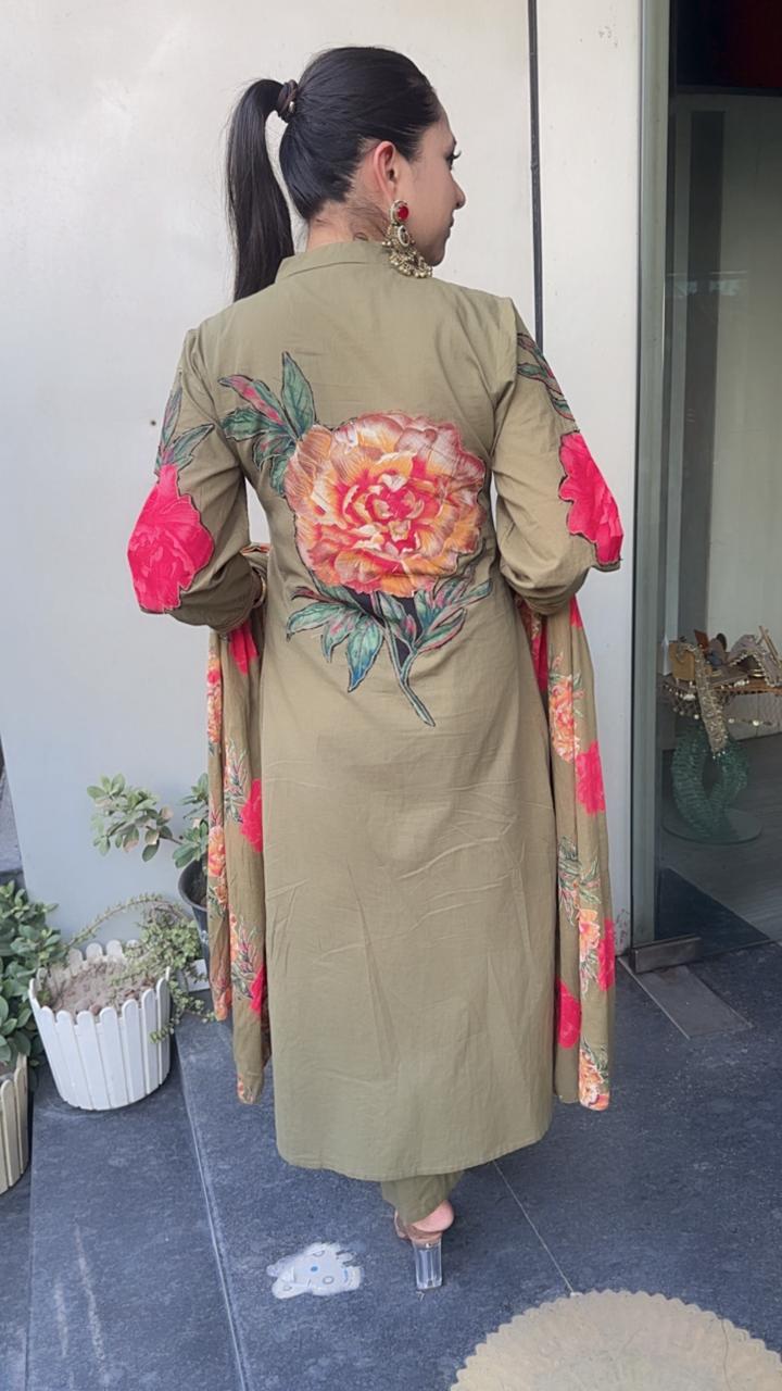 Rose Red Olive Green Cotton Designer Suit