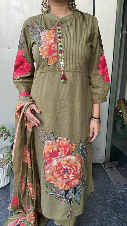 Rose Red Olive Green Cotton Designer Suit