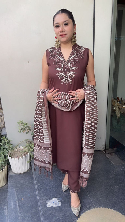Safa Brown Cotton Designer Suit ( Sleeve Fabric attached)