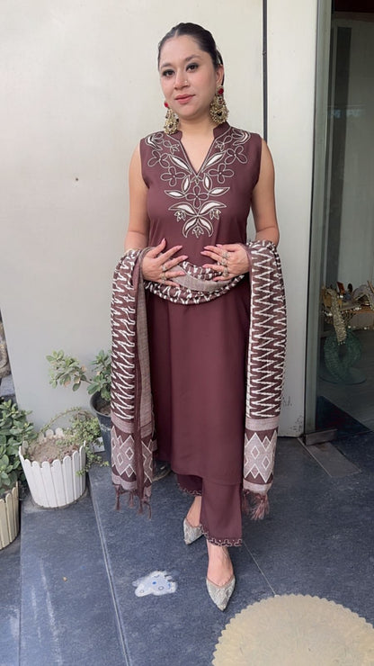 Safa Brown Cotton Designer Suit ( Sleeve Fabric attached)