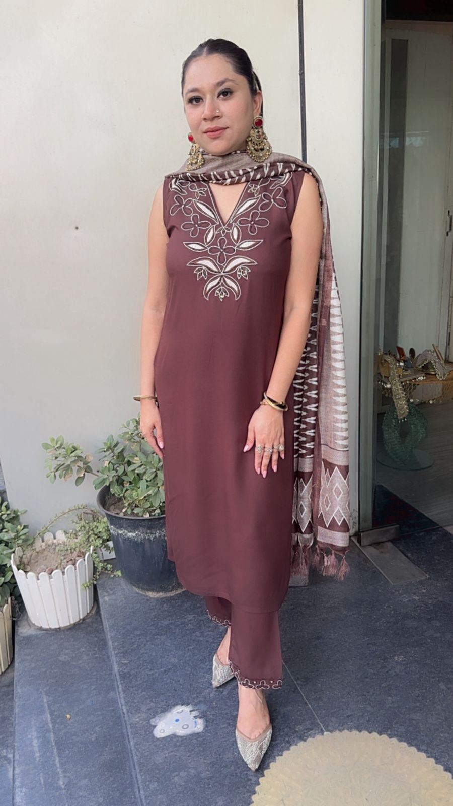 Safa Brown Cotton Designer Suit ( Sleeve Fabric attached)
