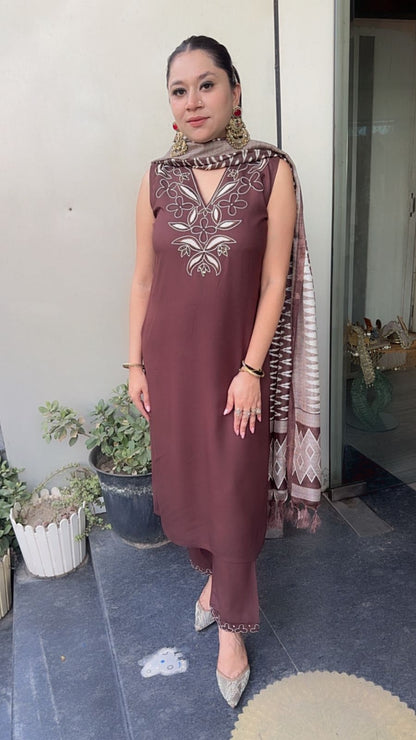 Safa Brown Cotton Designer Suit ( Sleeve Fabric attached)