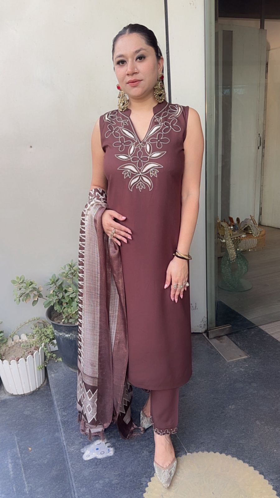 Safa Brown Cotton Designer Suit ( Sleeve Fabric attached)