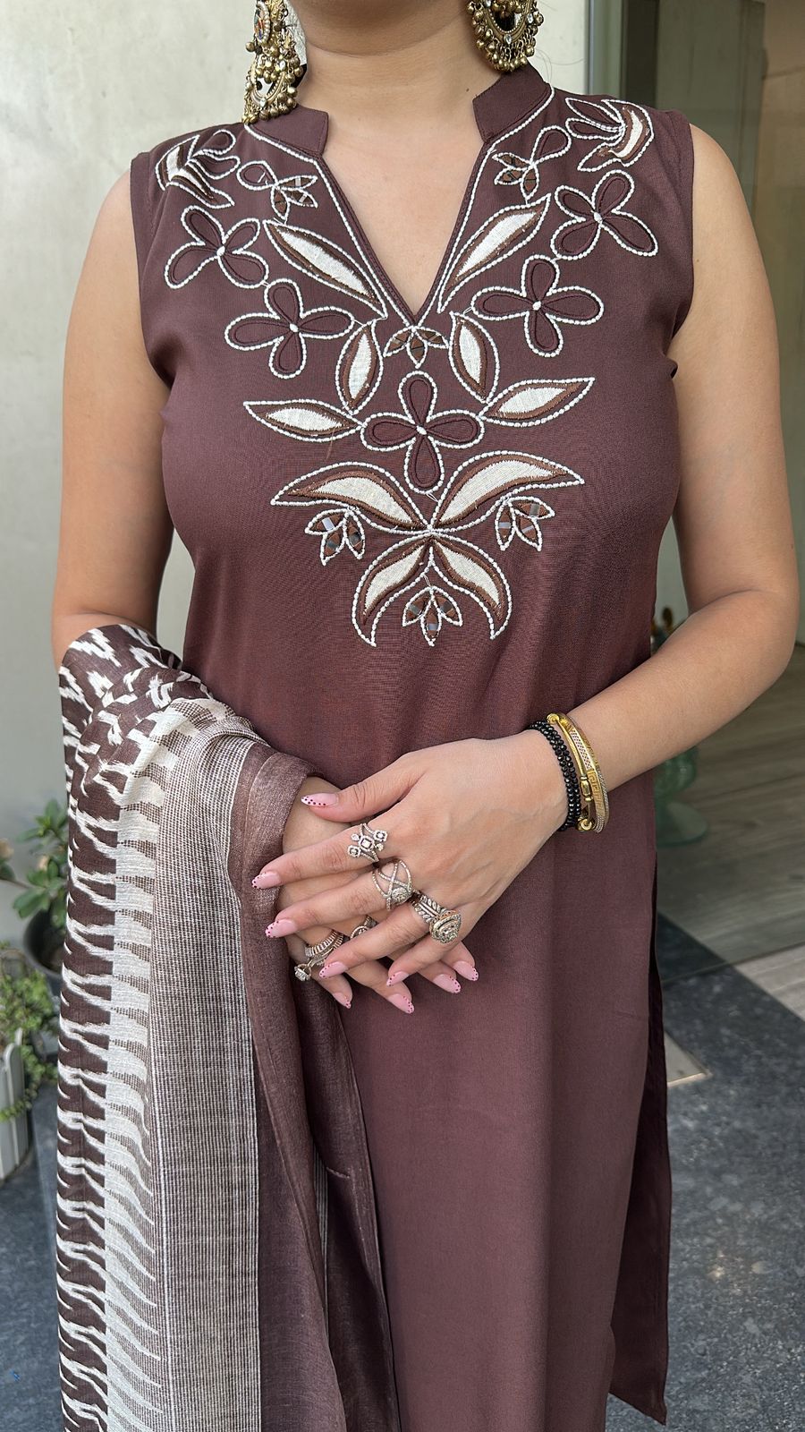 Safa Brown Cotton Designer Suit ( Sleeve Fabric attached)