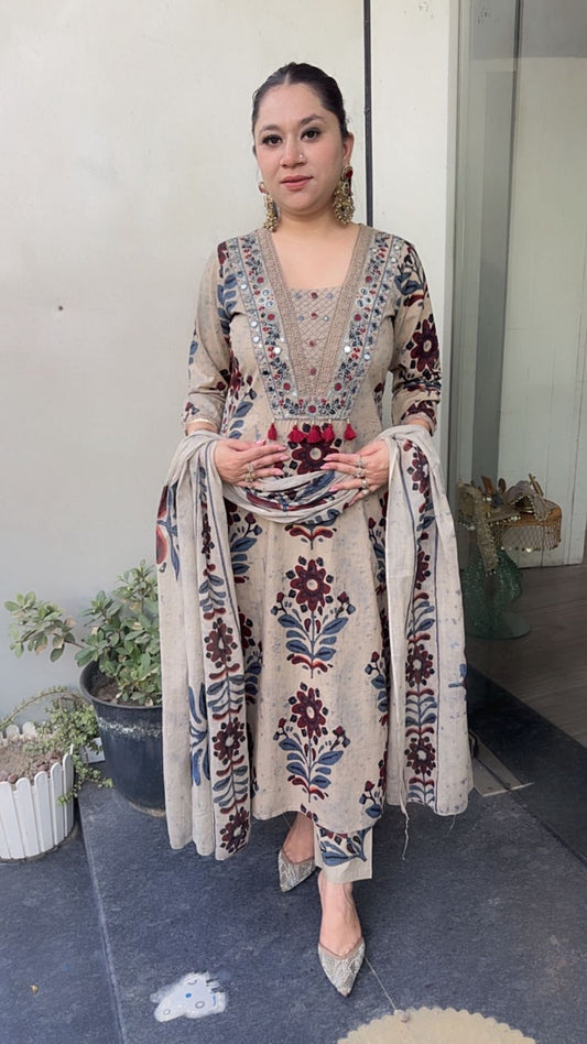 Tamana Beige Digital print Cotton Designer Suit
