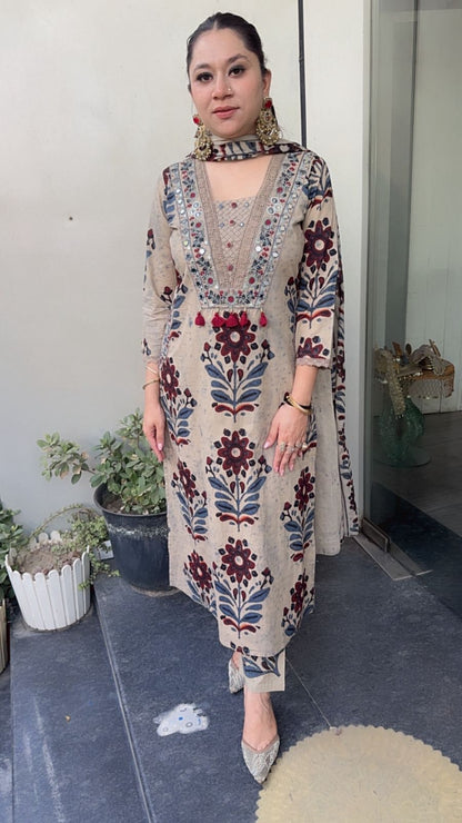 Tamana Beige Digital print Cotton Designer Suit
