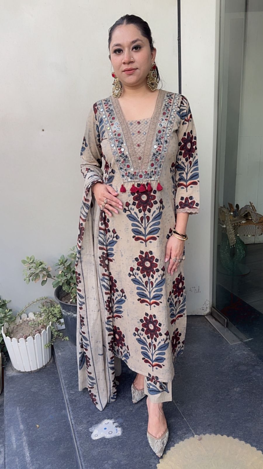 Tamana Beige Digital print Cotton Designer Suit