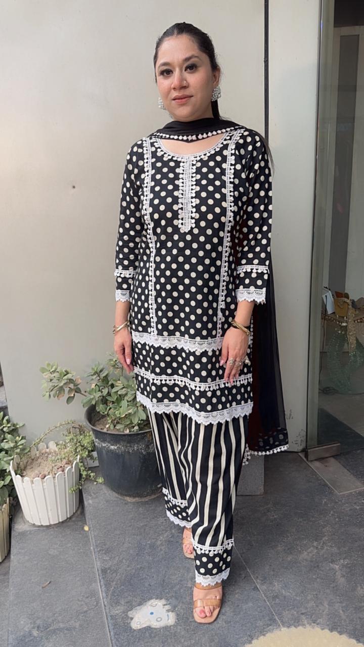 Polka Black and white Cotton fashi salwar Designer Suit