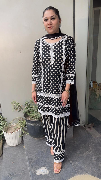 Polka Black and white Cotton fashi salwar Designer Suit