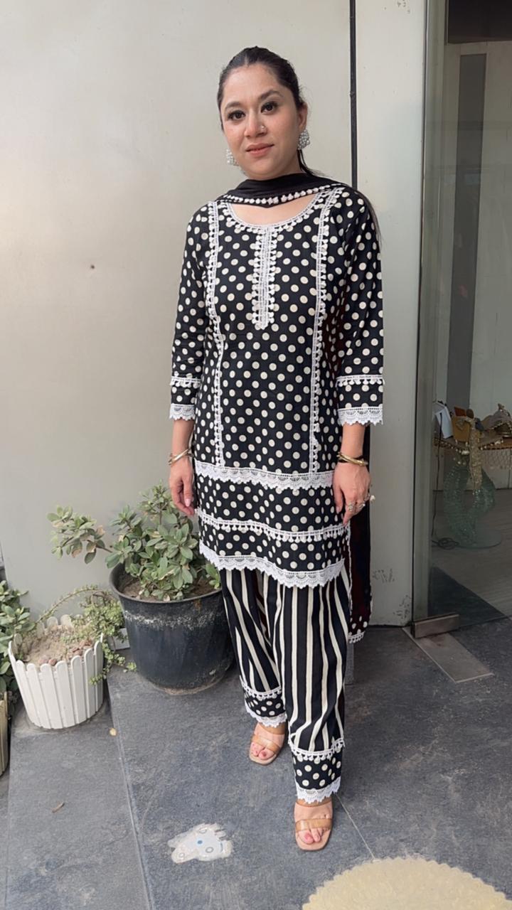 Polka Black and white Cotton fashi salwar Designer Suit