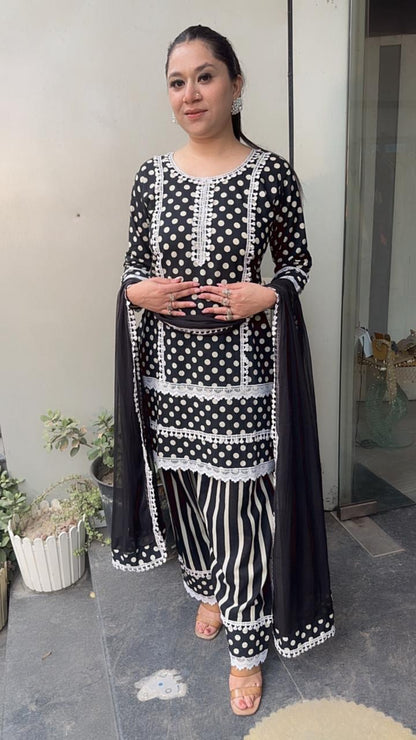 Polka Black and white Cotton fashi salwar Designer Suit