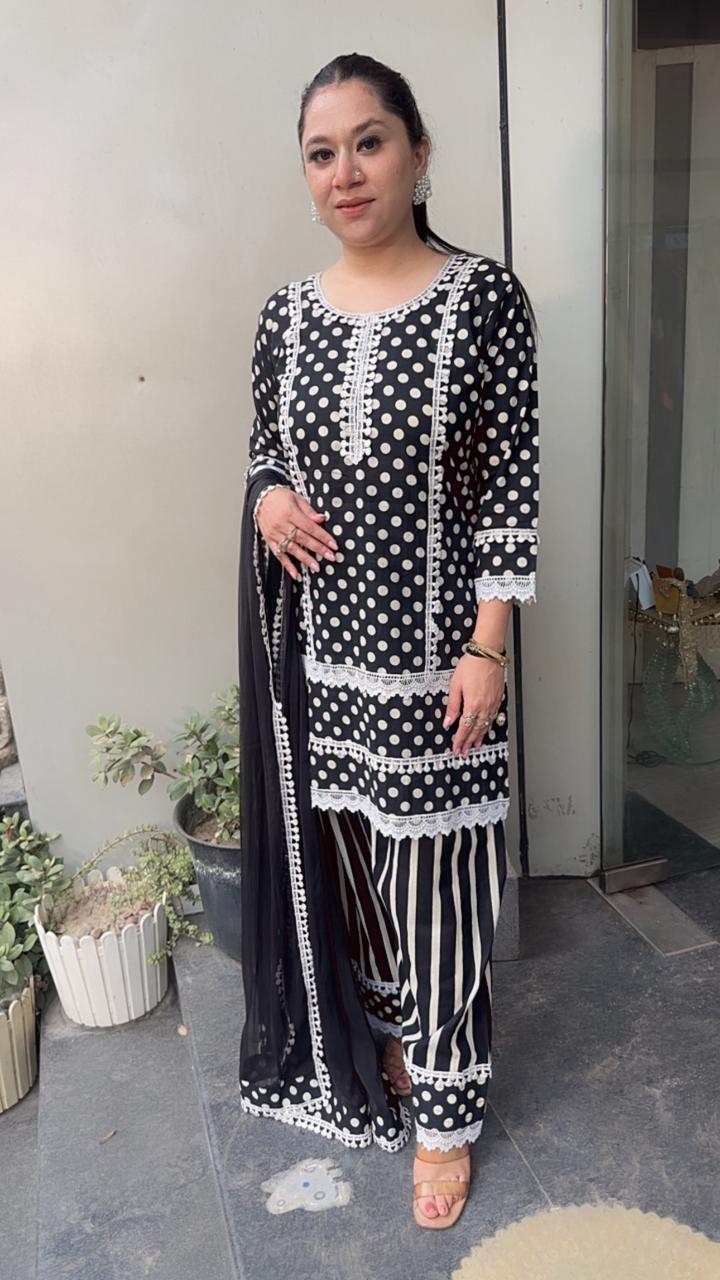 Polka Black and white Cotton fashi salwar Designer Suit