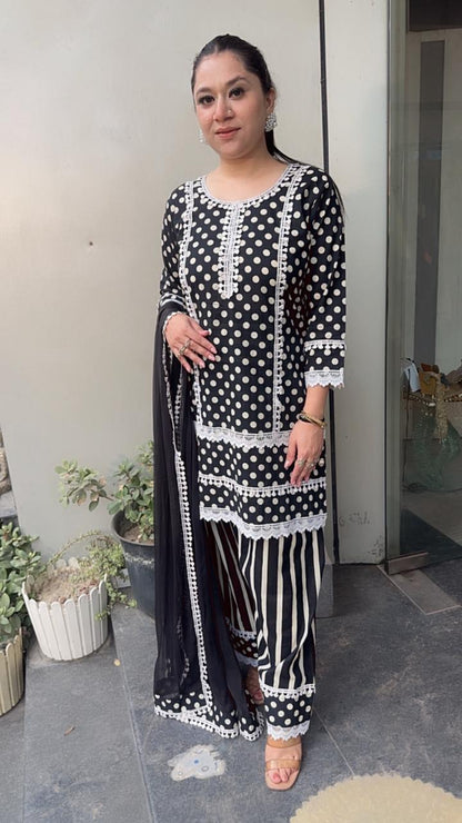 Polka Black and white Cotton fashi salwar Designer Suit